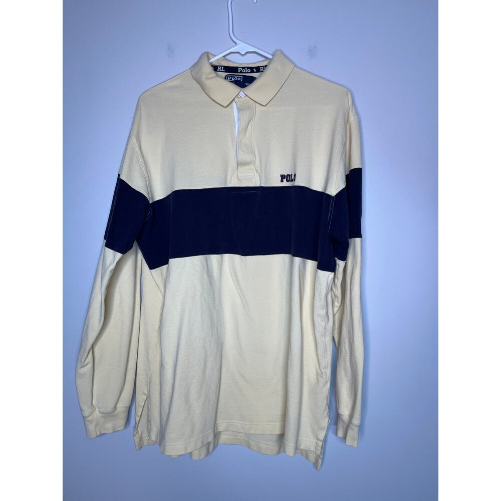 Polo Ralph Lauren Navy Butter Yellow Y2K Heavy Rugby Streetwear Polo Shirt XL